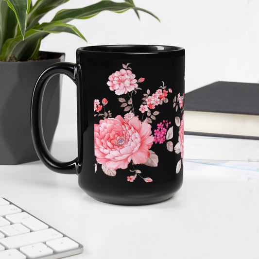 Pink Flowers Black Coffee Mug