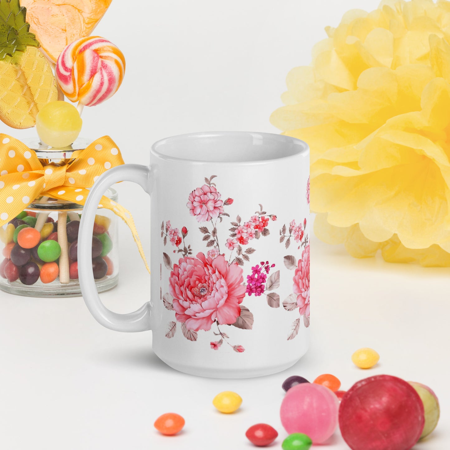 Pink Flowers White mug