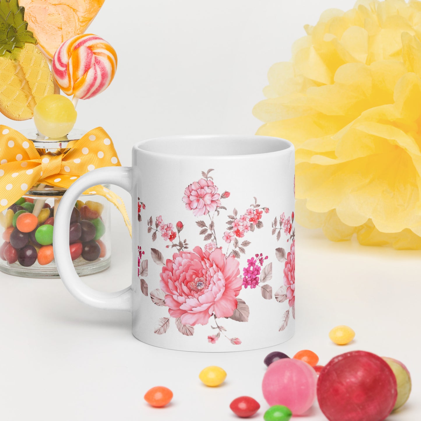 Pink Flowers White mug